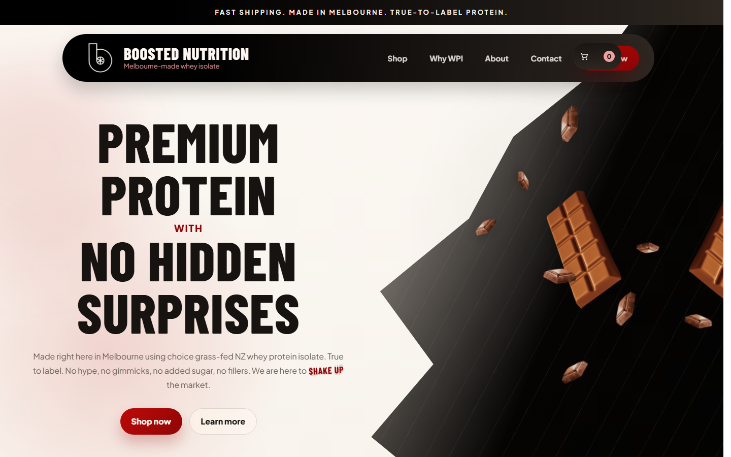 Boosted Nutrition homepage showing the chocolate whey protein design