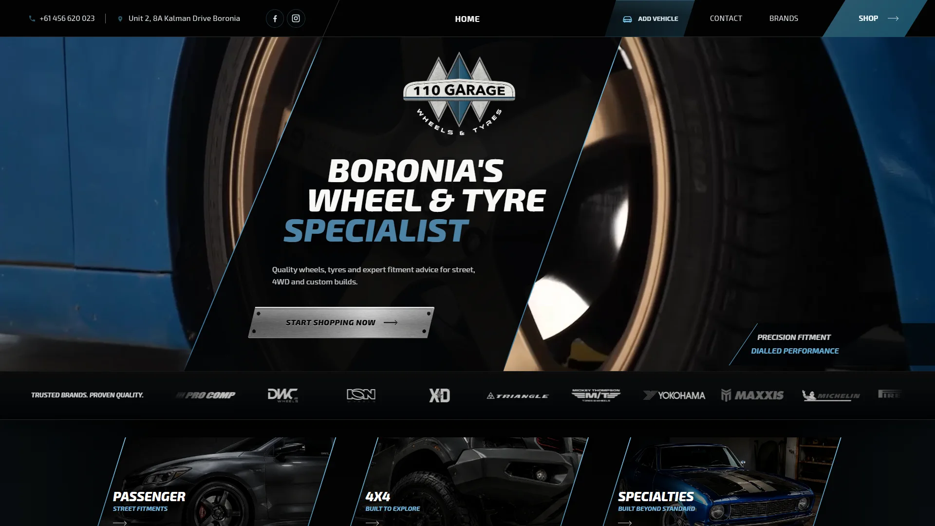 110 Garage website shown at desktop size