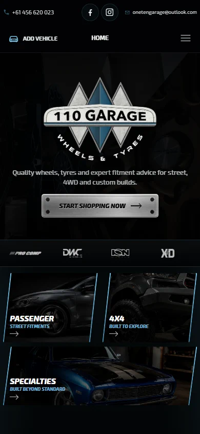 110 Garage website shown on a mobile screen